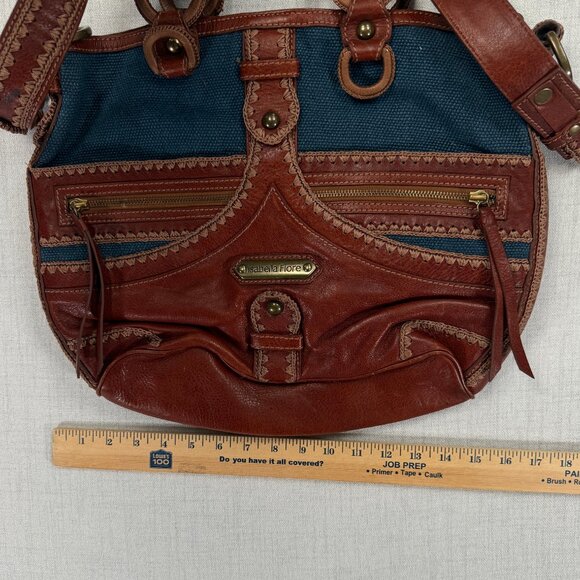 Isabella Fiore Boho Leather Canvas Satchel Brown Blue Whipstitch Crossbody - Picture 13 of 15